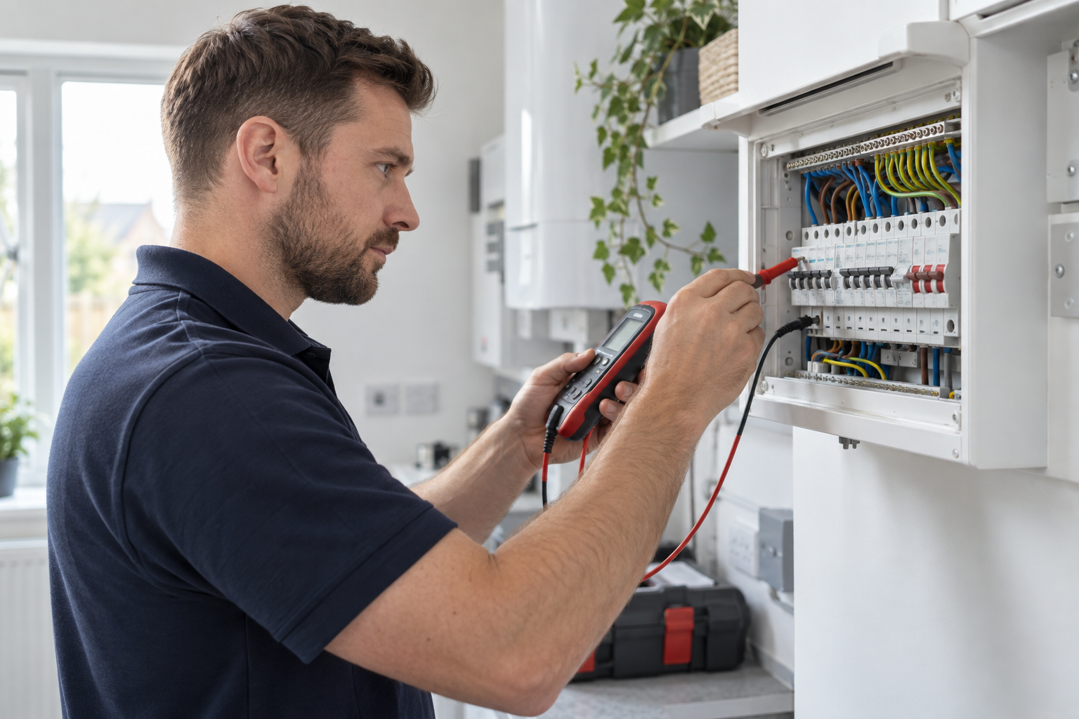 Electrician testing an open consumer unit during an EICR inspection