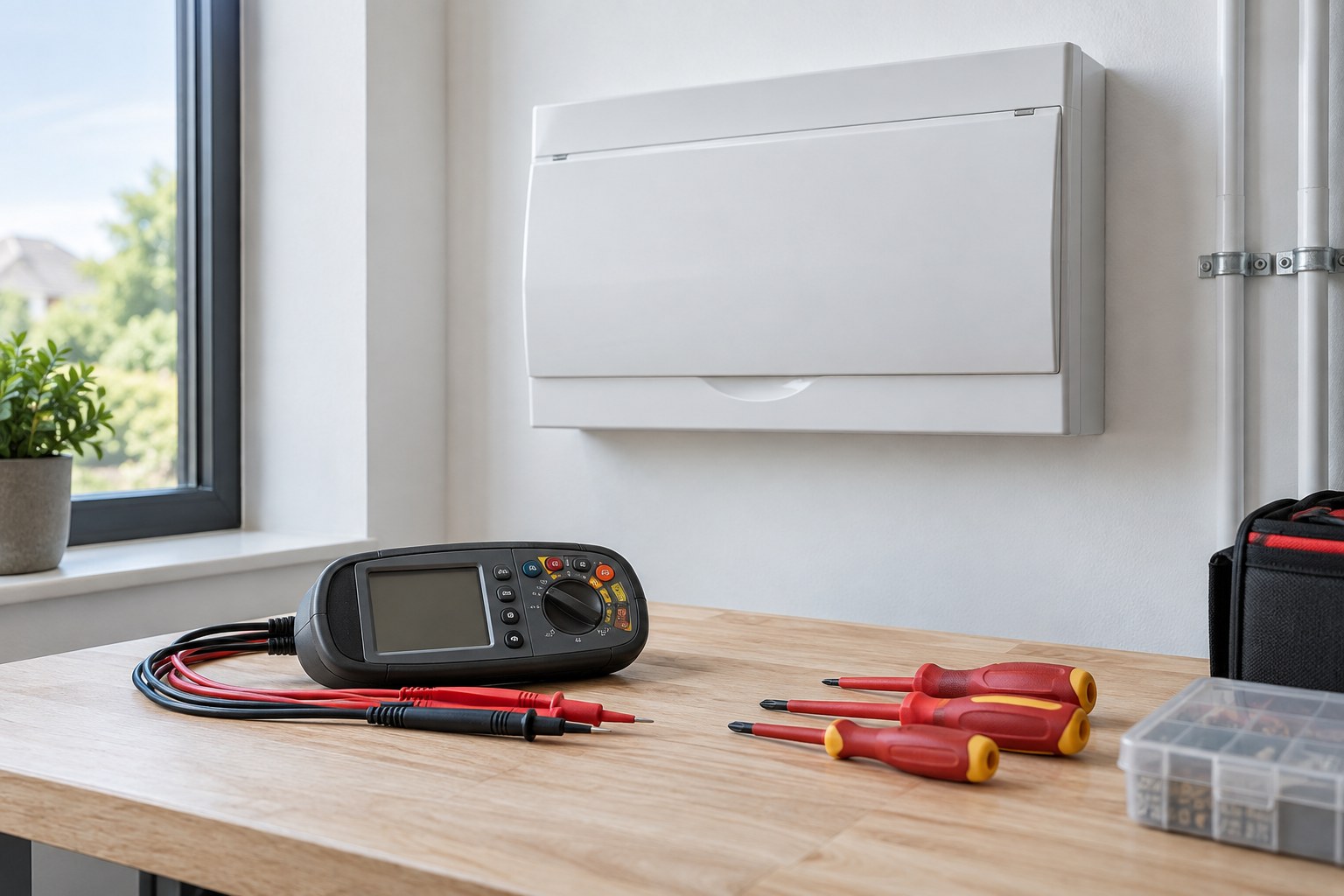 Illustrative electrical testing equipment beside a closed consumer unit
